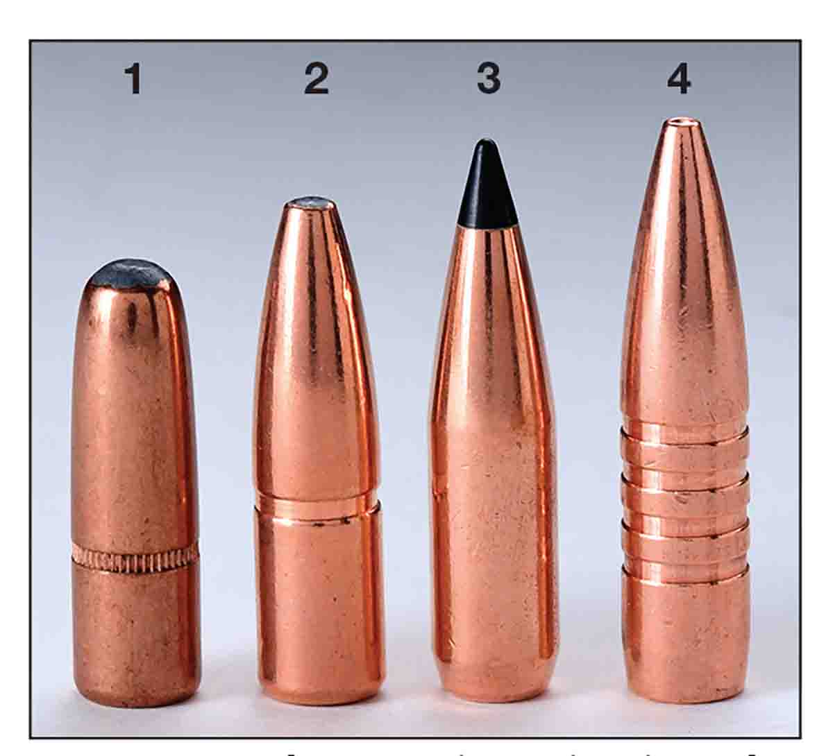 One way to decrease intrusion into the powder space is to use a shorter bullet at the sacrifice of ballistic coefficient. These .30-caliber 180-grain bullets include a (1) Hornady roundnose, (2) Swift A-Frame, (3) Swift Scirocco II and a (4) Barnes Triple Shock.
